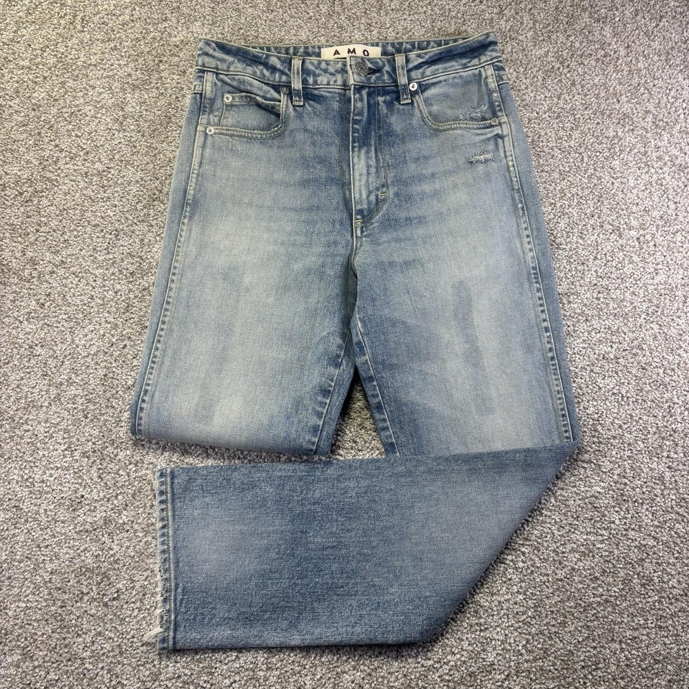 AMO Jeans Womens 28 Blue Light Wash High Rise Straight Distressed Denim